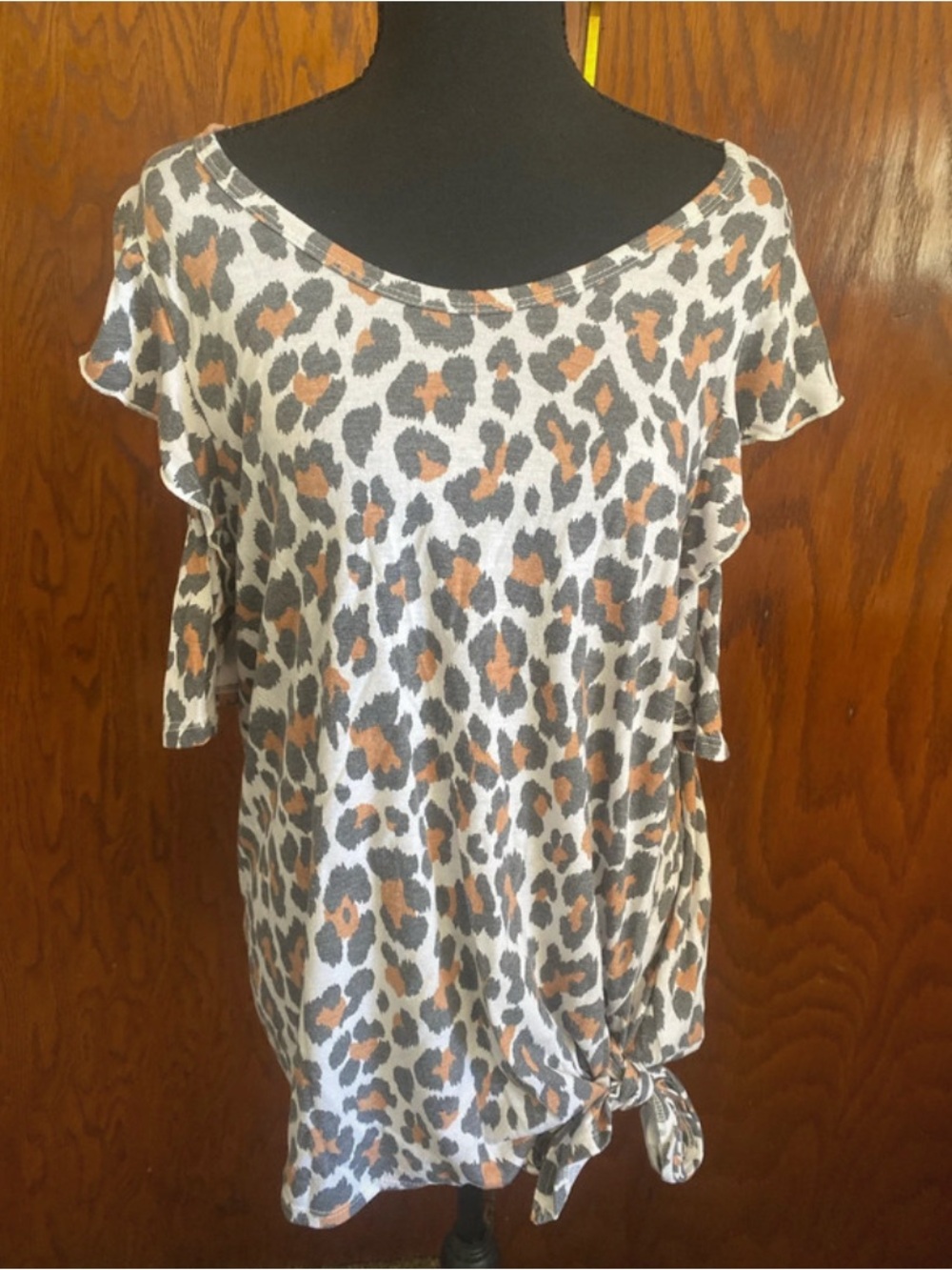 Leopard Print Cold Shoulder Tie-Hem Top in Gray and Brown